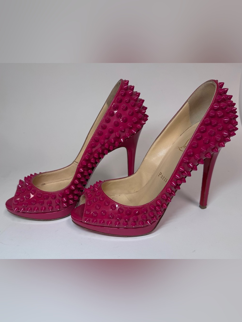 Christian Louboutin Women’s Pink Patent Leather Spiked Peep Toe Pumps Size 7 US